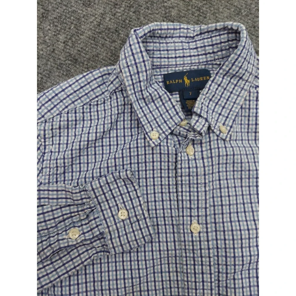 Ralph Lauren Shirt Boys 7 Blue Plaid Seersucker Button Down Long Sleeve Preppy